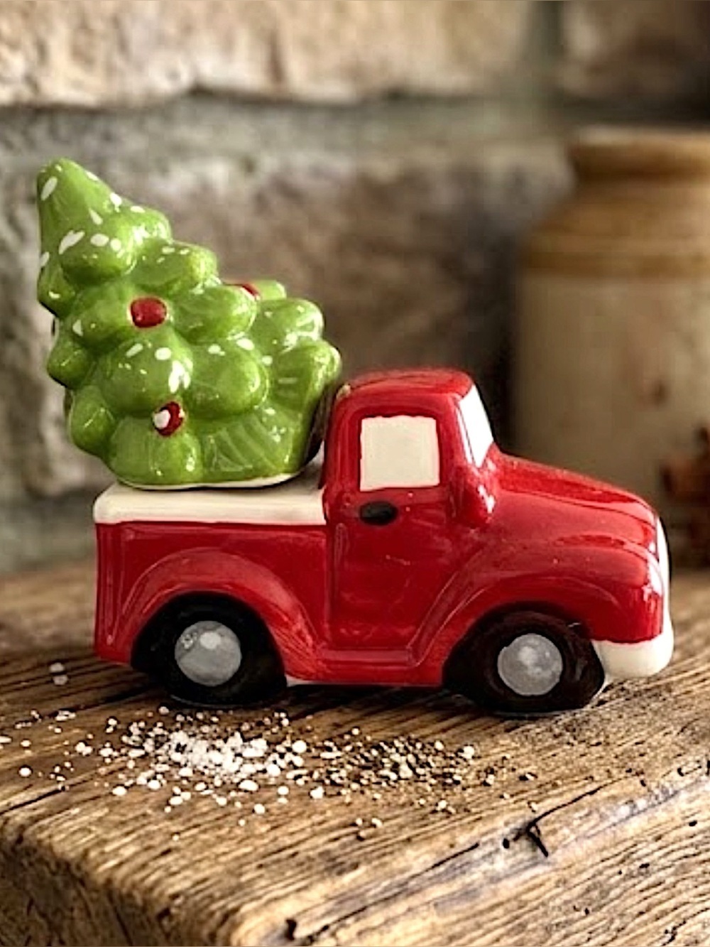 Christmas Salt Pepper Shakers Vintage Farm Truck and Tree Hand Painted Ceramic